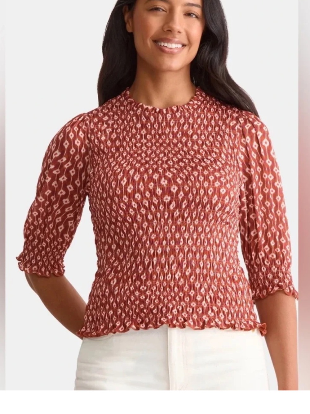 Time and Tru Smocked Rust Printed Women's Top